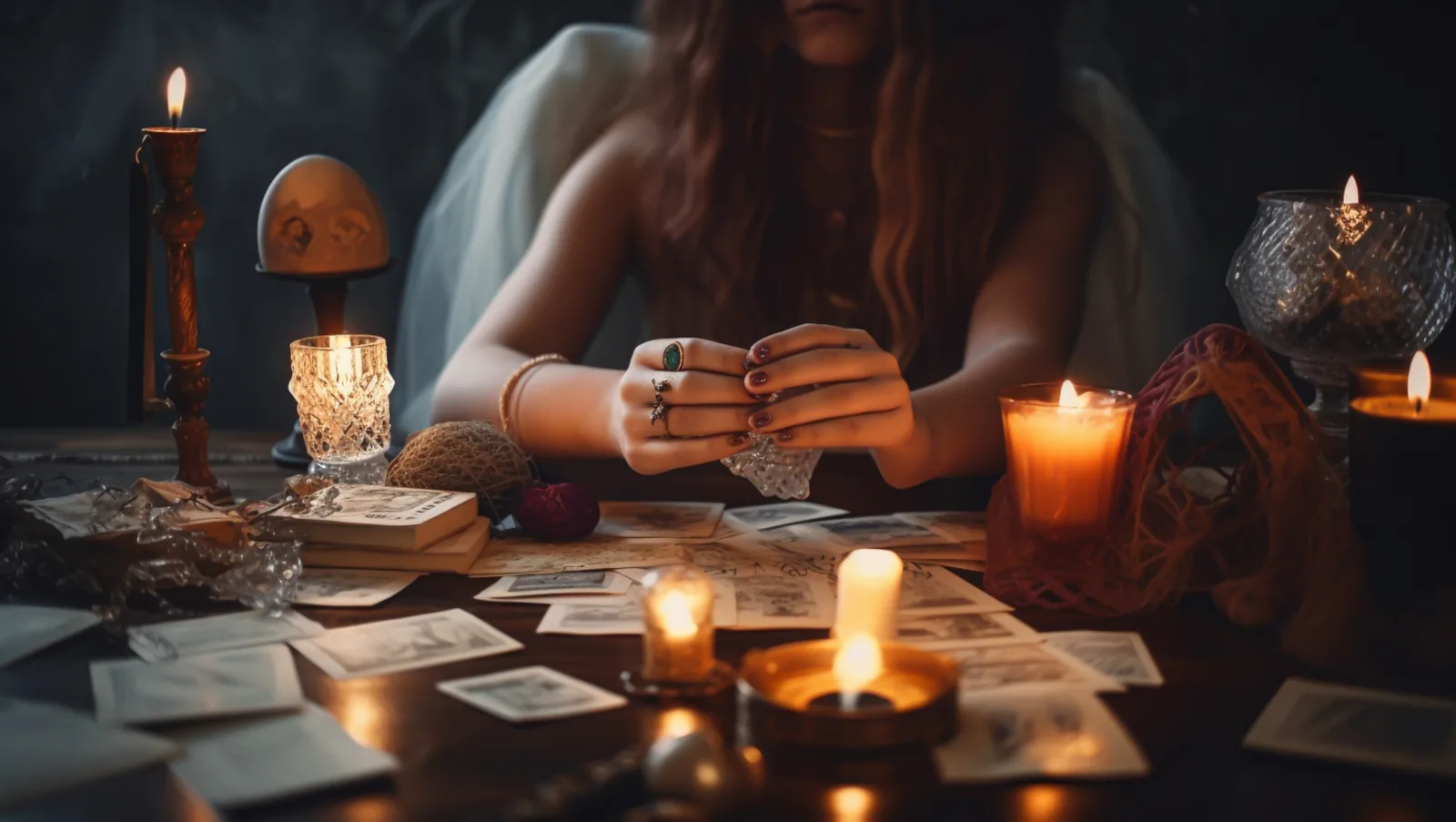 Mesa preparada para una consulta de tarot con cartas y velas